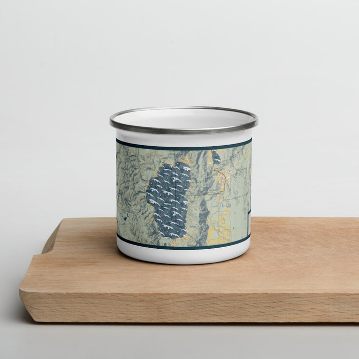 Front View Custom Lake Tahoe Sierra Nevada Map Enamel Mug in Woodblock on Cutting Board