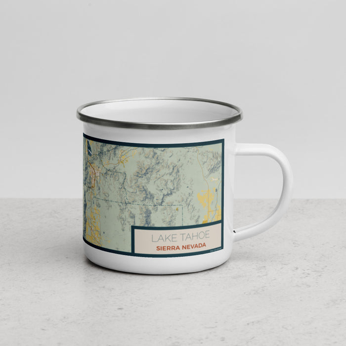 Right View Custom Lake Tahoe Sierra Nevada Map Enamel Mug in Woodblock