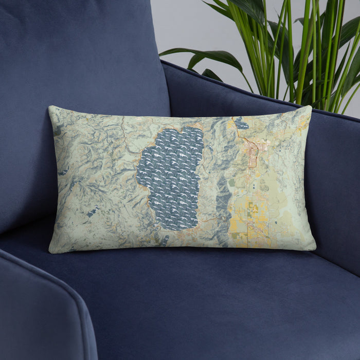 Custom Lake Tahoe Sierra Nevada Map Throw Pillow in Woodblock on Blue Colored Chair