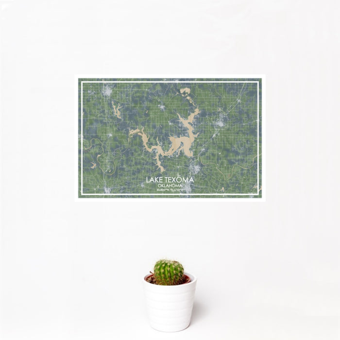 12x18 Lake Texoma Oklahoma Map Print Landscape Orientation in Afternoon Style With Small Cactus Plant in White Planter