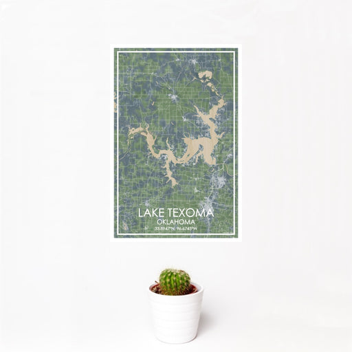 12x18 Lake Texoma Oklahoma Map Print Portrait Orientation in Afternoon Style With Small Cactus Plant in White Planter