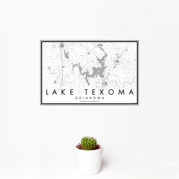 12x18 Lake Texoma Oklahoma Map Print Landscape Orientation in Classic Style With Small Cactus Plant in White Planter