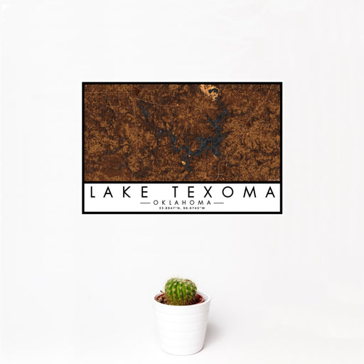 12x18 Lake Texoma Oklahoma Map Print Landscape Orientation in Ember Style With Small Cactus Plant in White Planter