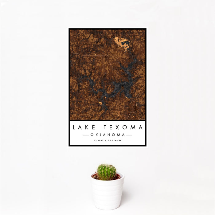 12x18 Lake Texoma Oklahoma Map Print Portrait Orientation in Ember Style With Small Cactus Plant in White Planter