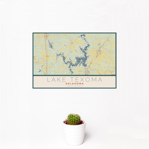 12x18 Lake Texoma Oklahoma Map Print Landscape Orientation in Woodblock Style With Small Cactus Plant in White Planter
