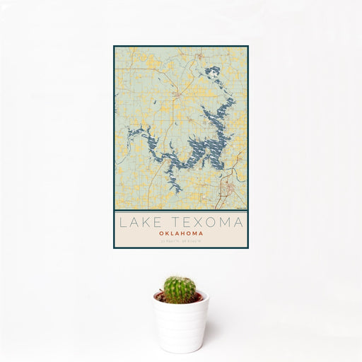 12x18 Lake Texoma Oklahoma Map Print Portrait Orientation in Woodblock Style With Small Cactus Plant in White Planter