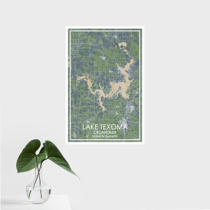 16x24 Lake Texoma Oklahoma Map Print Portrait Orientation in Afternoon Style With Tropical Plant Leaves in Water
