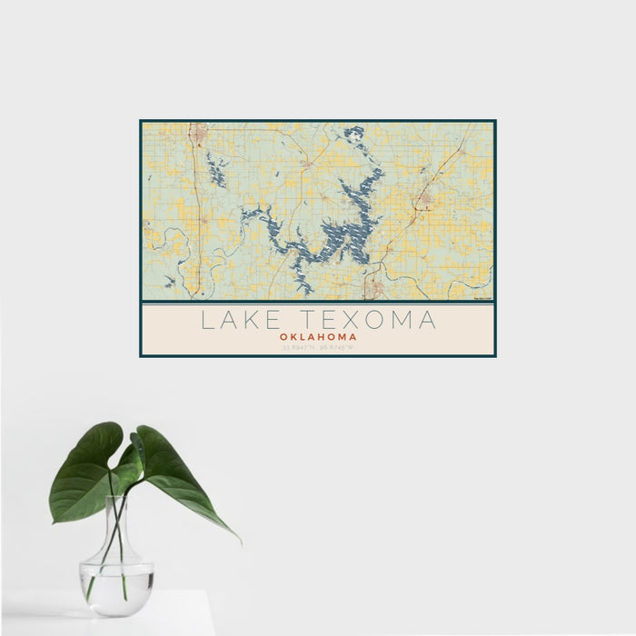 16x24 Lake Texoma Oklahoma Map Print Landscape Orientation in Woodblock Style With Tropical Plant Leaves in Water