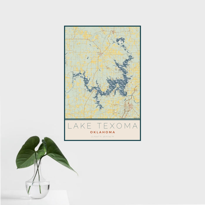 16x24 Lake Texoma Oklahoma Map Print Portrait Orientation in Woodblock Style With Tropical Plant Leaves in Water