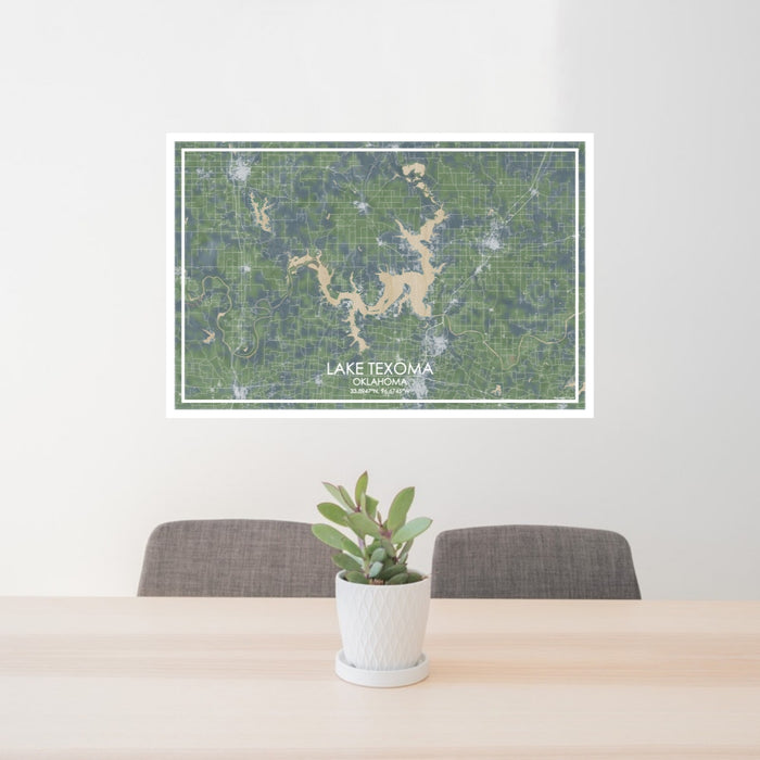 24x36 Lake Texoma Oklahoma Map Print Lanscape Orientation in Afternoon Style Behind 2 Chairs Table and Potted Plant