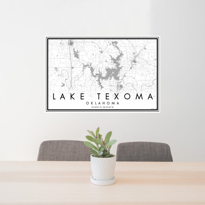 24x36 Lake Texoma Oklahoma Map Print Lanscape Orientation in Classic Style Behind 2 Chairs Table and Potted Plant