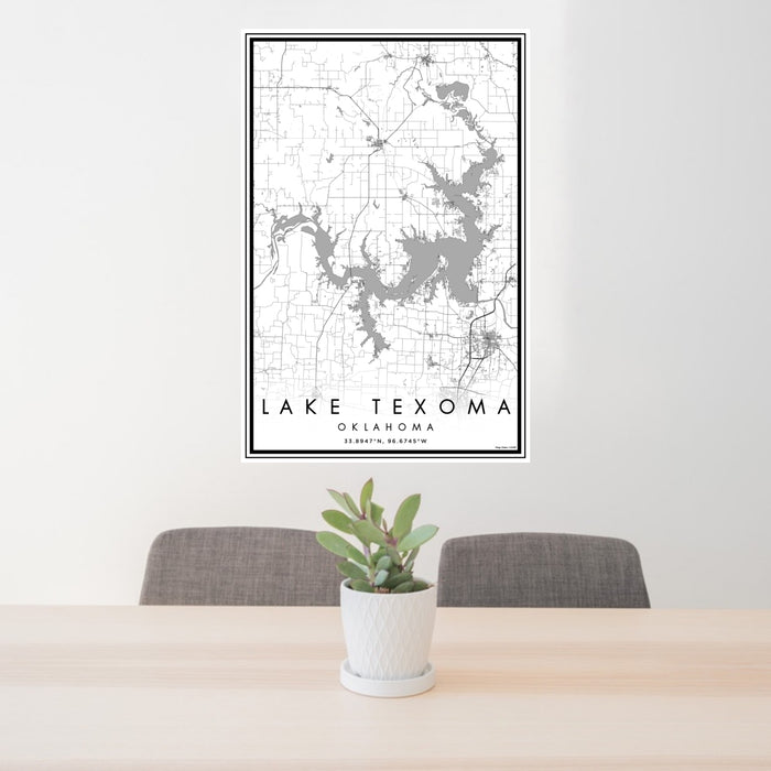 24x36 Lake Texoma Oklahoma Map Print Portrait Orientation in Classic Style Behind 2 Chairs Table and Potted Plant