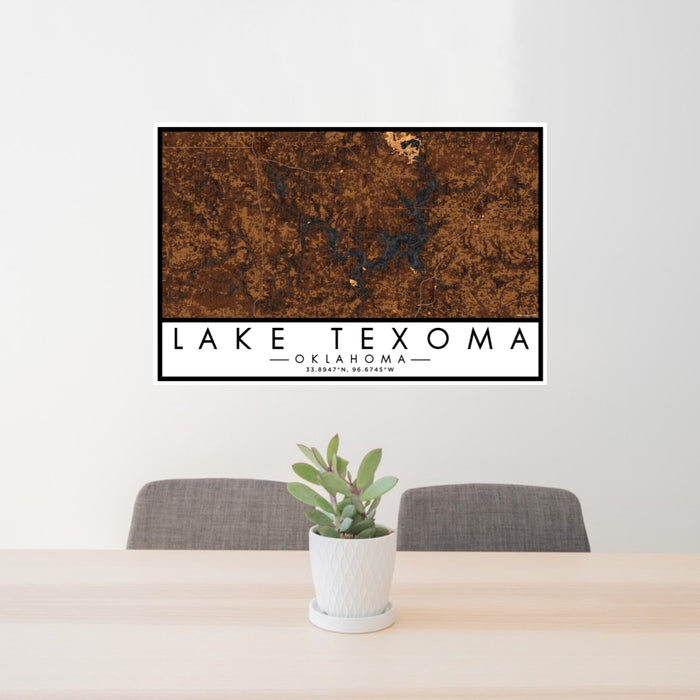24x36 Lake Texoma Oklahoma Map Print Lanscape Orientation in Ember Style Behind 2 Chairs Table and Potted Plant