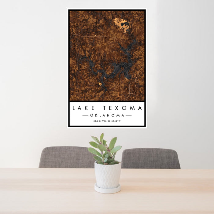 24x36 Lake Texoma Oklahoma Map Print Portrait Orientation in Ember Style Behind 2 Chairs Table and Potted Plant