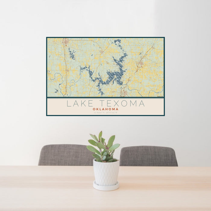 24x36 Lake Texoma Oklahoma Map Print Lanscape Orientation in Woodblock Style Behind 2 Chairs Table and Potted Plant