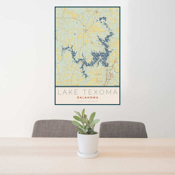 24x36 Lake Texoma Oklahoma Map Print Portrait Orientation in Woodblock Style Behind 2 Chairs Table and Potted Plant
