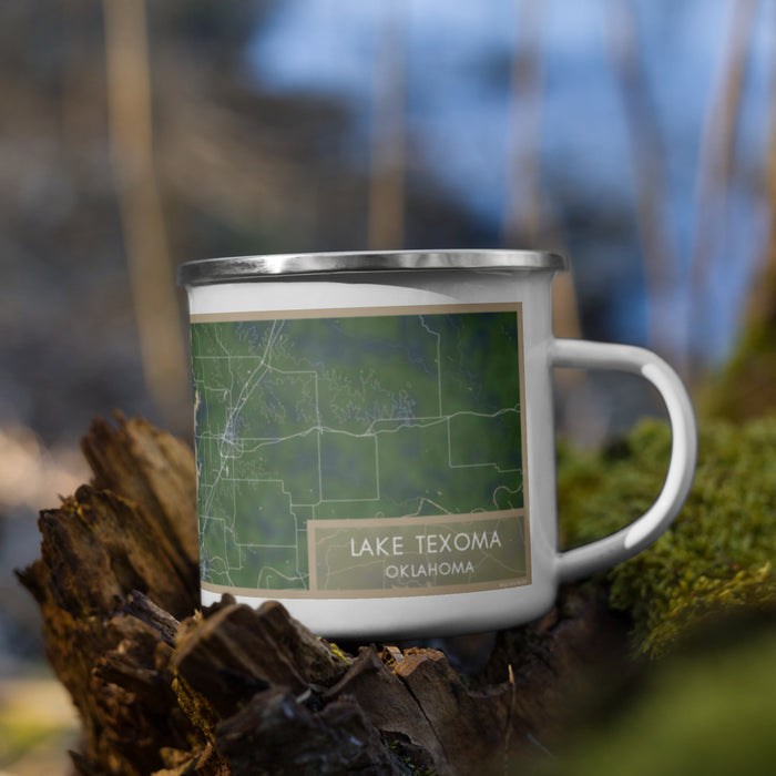 Right View Custom Lake Texoma Oklahoma Map Enamel Mug in Afternoon on Grass With Trees in Background