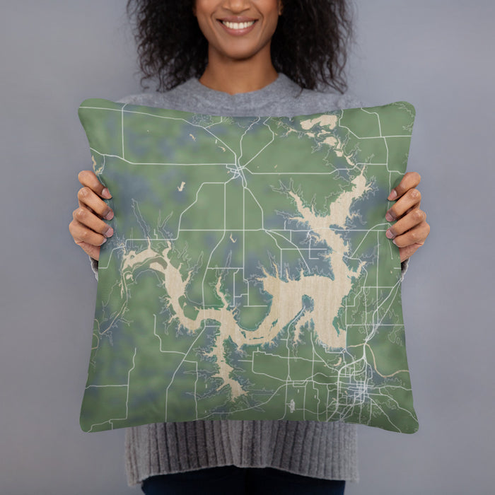 Person holding 18x18 Custom Lake Texoma Oklahoma Map Throw Pillow in Afternoon