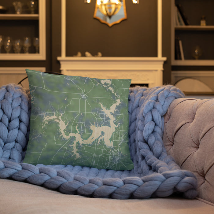 Custom Lake Texoma Oklahoma Map Throw Pillow in Afternoon on Cream Colored Couch