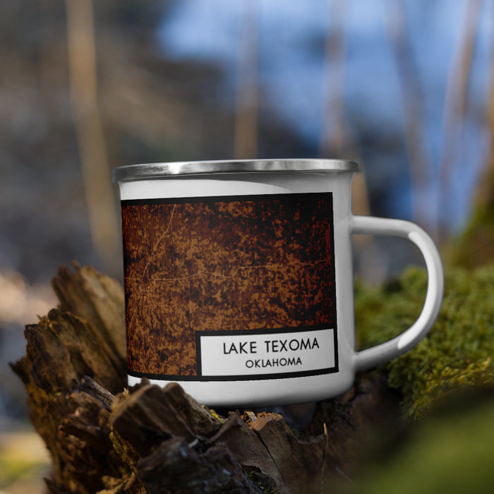 Right View Custom Lake Texoma Oklahoma Map Enamel Mug in Ember on Grass With Trees in Background