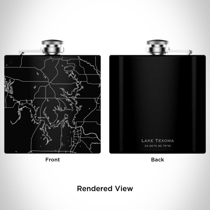 Rendered View of Lake Texoma Oklahoma Map Engraving on 6oz Stainless Steel Flask in Black