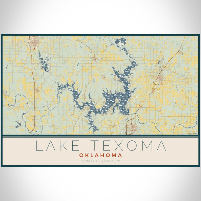 Lake Texoma Oklahoma Map Print Landscape Orientation in Woodblock Style With Shaded Background