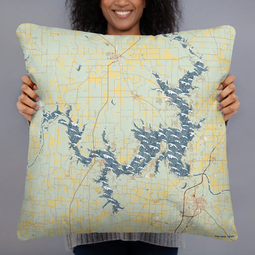 Person holding 22x22 Custom Lake Texoma Oklahoma Map Throw Pillow in Woodblock