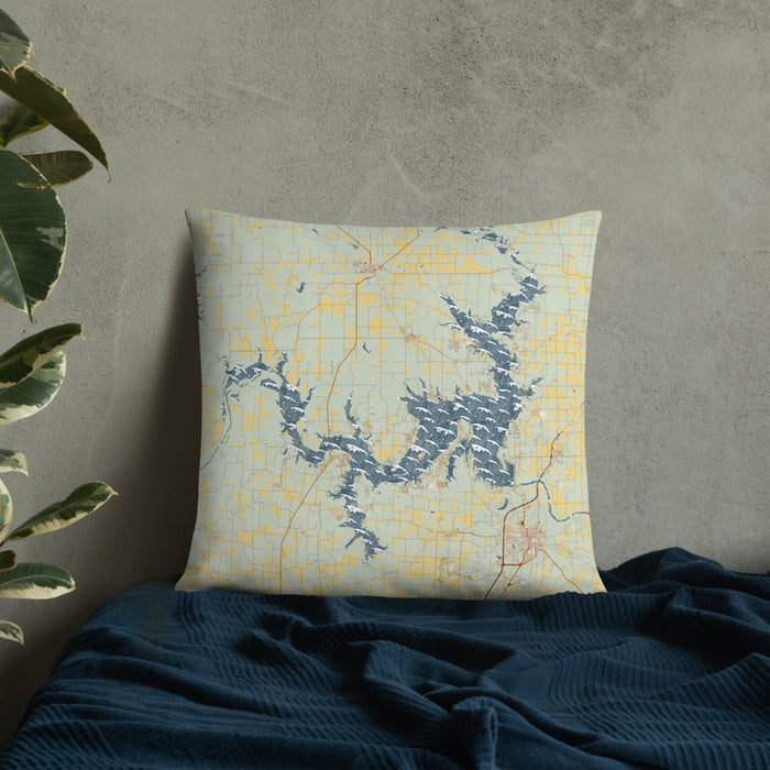 Custom Lake Texoma Oklahoma Map Throw Pillow in Woodblock on Bedding Against Wall