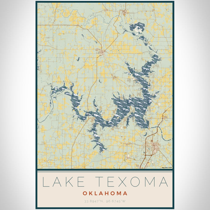 Lake Texoma Oklahoma Map Print Portrait Orientation in Woodblock Style With Shaded Background