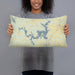 Person holding 20x12 Custom Lake Texoma Oklahoma Map Throw Pillow in Woodblock