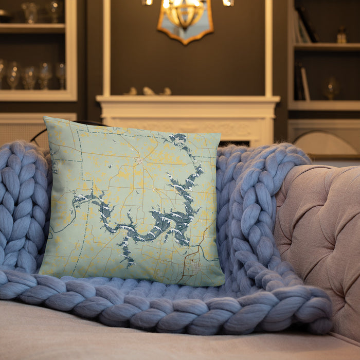 Custom Lake Texoma Oklahoma Map Throw Pillow in Woodblock on Cream Colored Couch