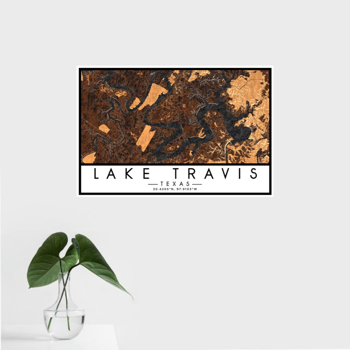 16x24 Lake Travis Texas Map Print Landscape Orientation in Ember Style With Tropical Plant Leaves in Water