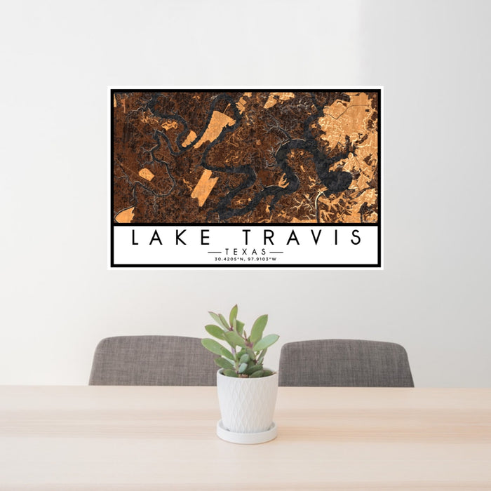 24x36 Lake Travis Texas Map Print Landscape Orientation in Ember Style Behind 2 Chairs Table and Potted Plant