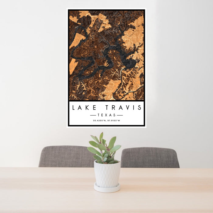 24x36 Lake Travis Texas Map Print Portrait Orientation in Ember Style Behind 2 Chairs Table and Potted Plant