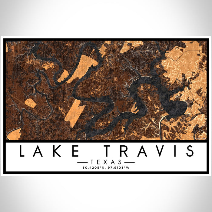 Lake Travis Texas Map Print Landscape Orientation in Ember Style With Shaded Background