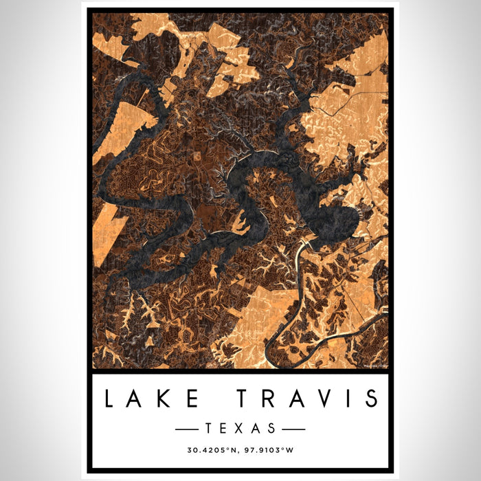Lake Travis Texas Map Print Portrait Orientation in Ember Style With Shaded Background