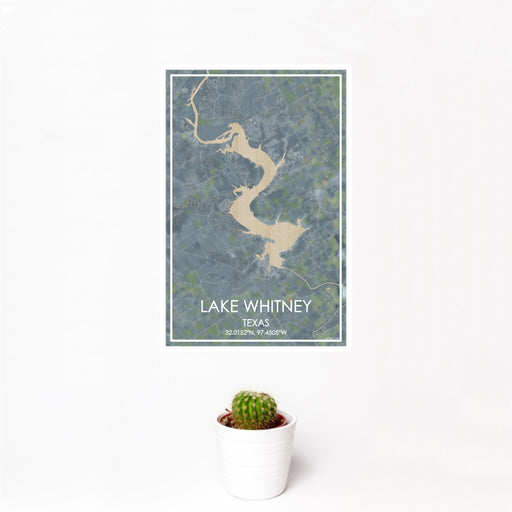 12x18 Lake Whitney Texas Map Print Portrait Orientation in Afternoon Style With Small Cactus Plant in White Planter