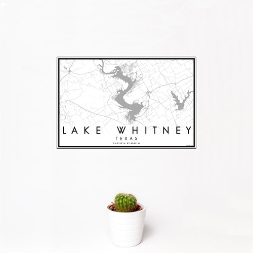 12x18 Lake Whitney Texas Map Print Landscape Orientation in Classic Style With Small Cactus Plant in White Planter