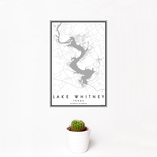 12x18 Lake Whitney Texas Map Print Portrait Orientation in Classic Style With Small Cactus Plant in White Planter