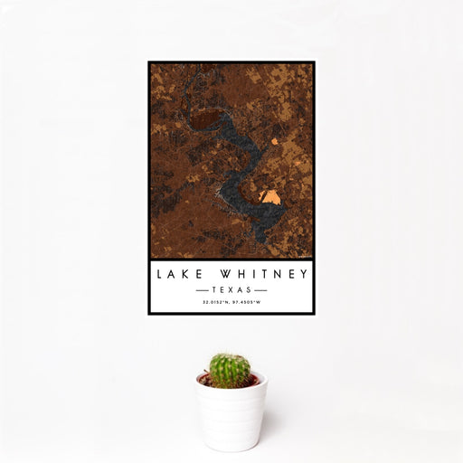 12x18 Lake Whitney Texas Map Print Portrait Orientation in Ember Style With Small Cactus Plant in White Planter