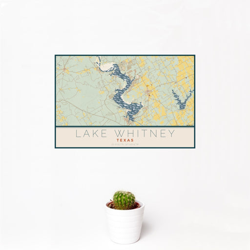 12x18 Lake Whitney Texas Map Print Landscape Orientation in Woodblock Style With Small Cactus Plant in White Planter