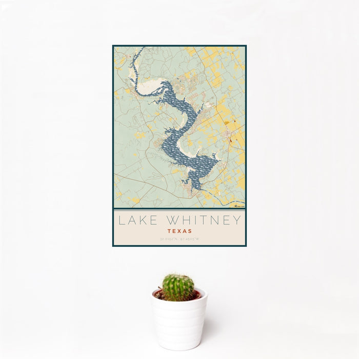 12x18 Lake Whitney Texas Map Print Portrait Orientation in Woodblock Style With Small Cactus Plant in White Planter