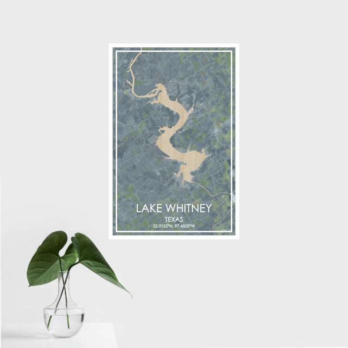 16x24 Lake Whitney Texas Map Print Portrait Orientation in Afternoon Style With Tropical Plant Leaves in Water