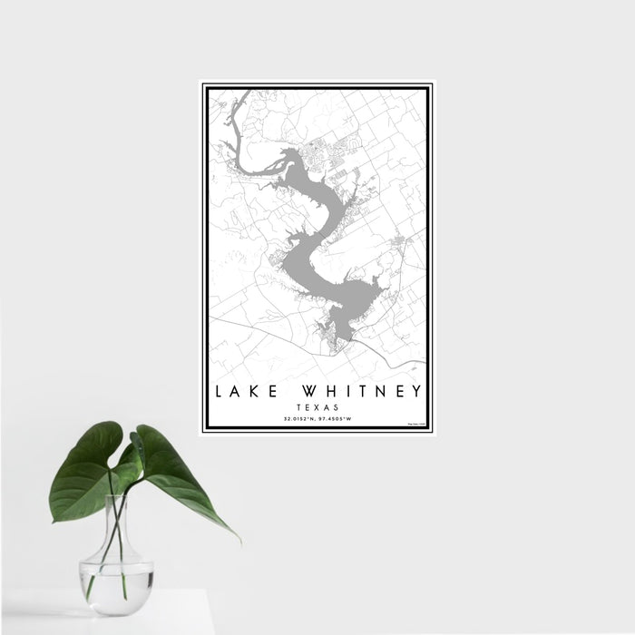 16x24 Lake Whitney Texas Map Print Portrait Orientation in Classic Style With Tropical Plant Leaves in Water