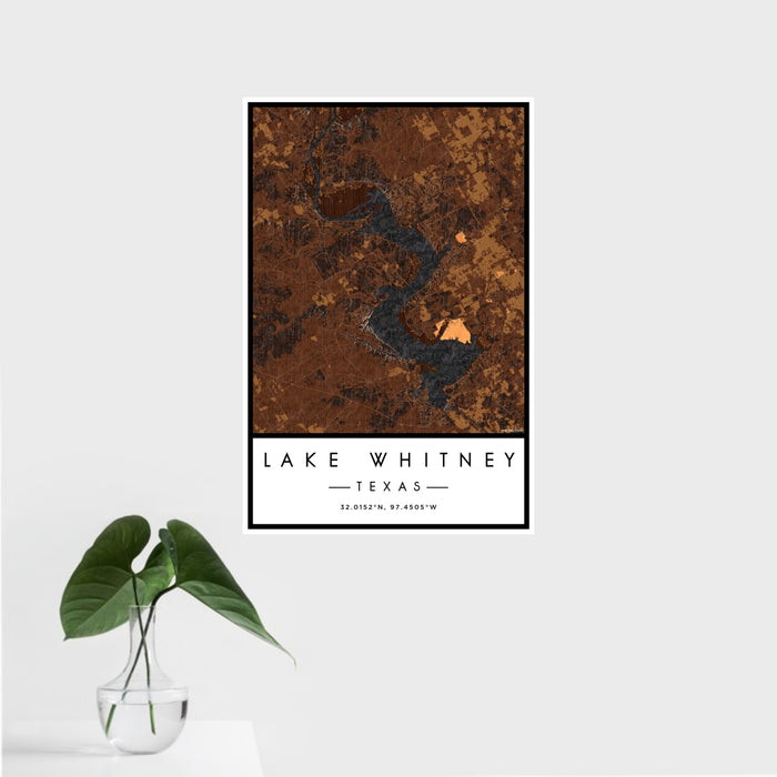 16x24 Lake Whitney Texas Map Print Portrait Orientation in Ember Style With Tropical Plant Leaves in Water
