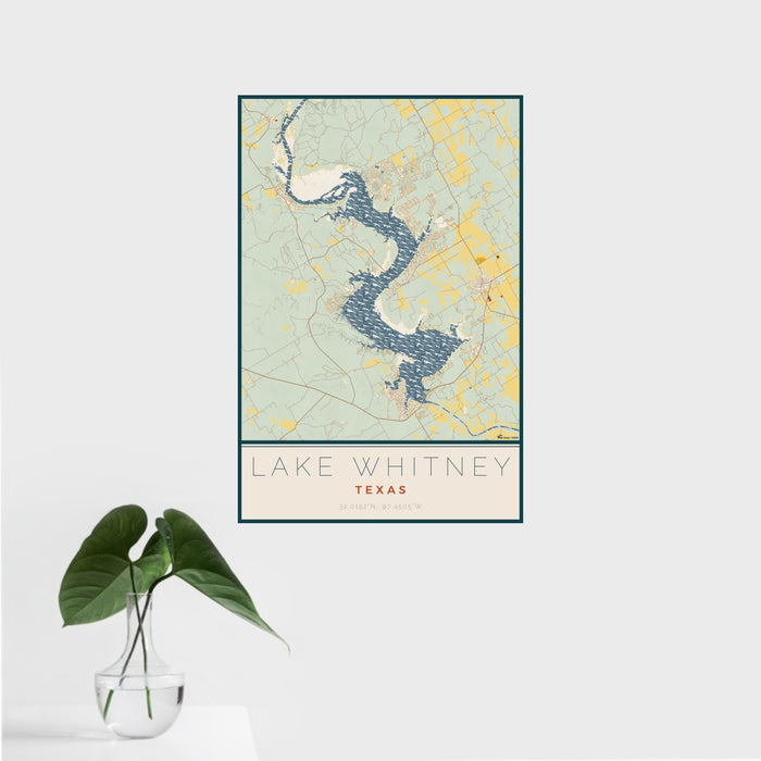 16x24 Lake Whitney Texas Map Print Portrait Orientation in Woodblock Style With Tropical Plant Leaves in Water