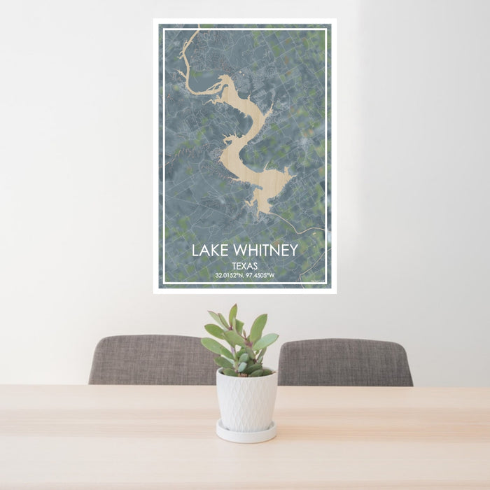 24x36 Lake Whitney Texas Map Print Portrait Orientation in Afternoon Style Behind 2 Chairs Table and Potted Plant