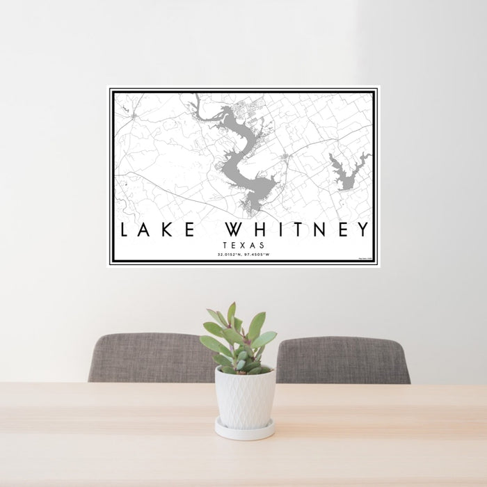 24x36 Lake Whitney Texas Map Print Lanscape Orientation in Classic Style Behind 2 Chairs Table and Potted Plant