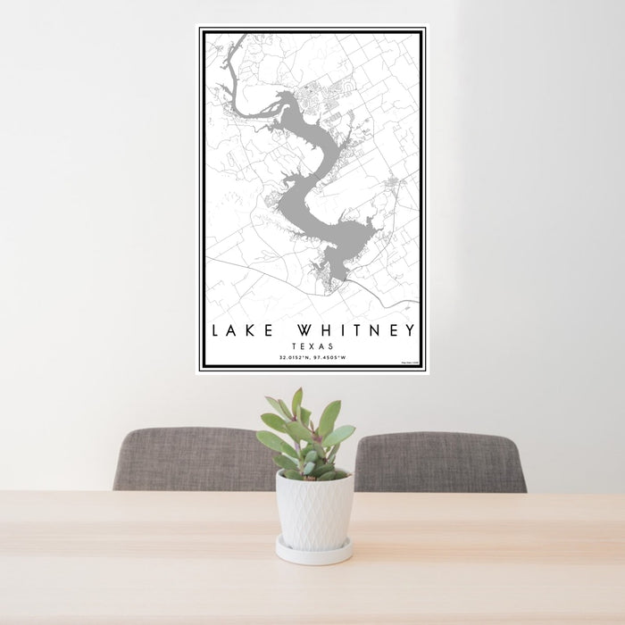 24x36 Lake Whitney Texas Map Print Portrait Orientation in Classic Style Behind 2 Chairs Table and Potted Plant