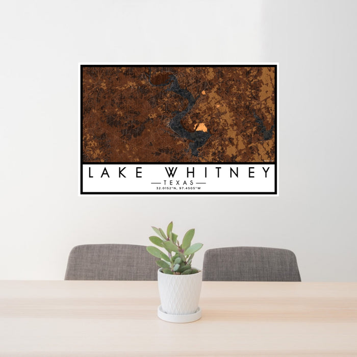 24x36 Lake Whitney Texas Map Print Lanscape Orientation in Ember Style Behind 2 Chairs Table and Potted Plant